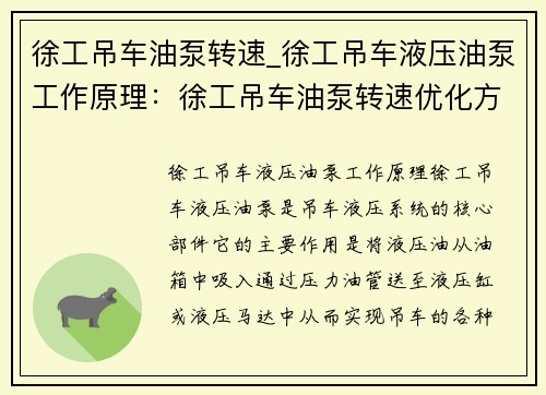 徐工吊车油泵转速_徐工吊车液压油泵工作原理：徐工吊车油泵转速优化方案